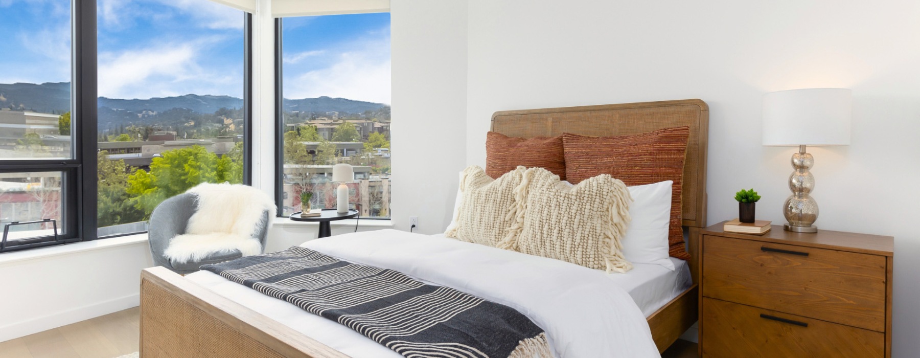 Bedroom with natural lighting and high ceilings